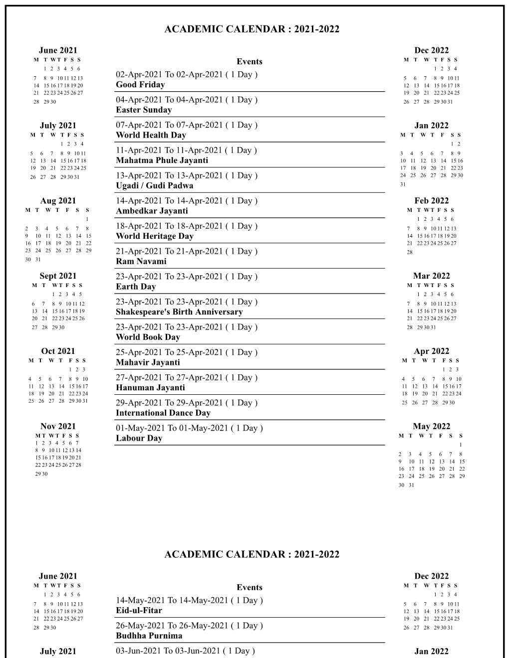 2021-2022 Academic Calendar