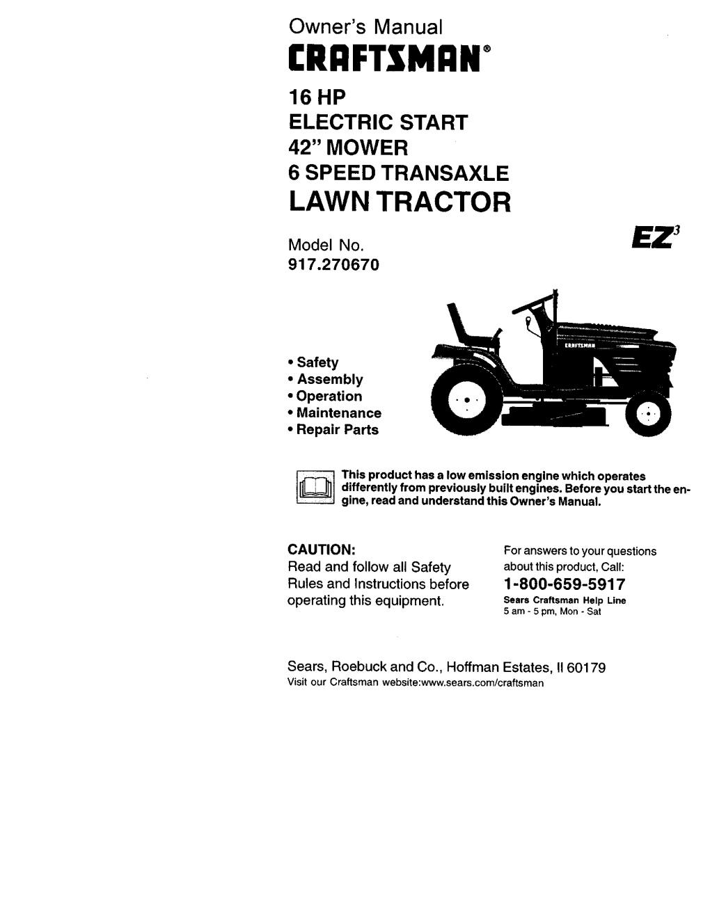 Rrftsman 16 Hp Electric Start 42" Mower 6 Speed Transaxle Lawn Tractor