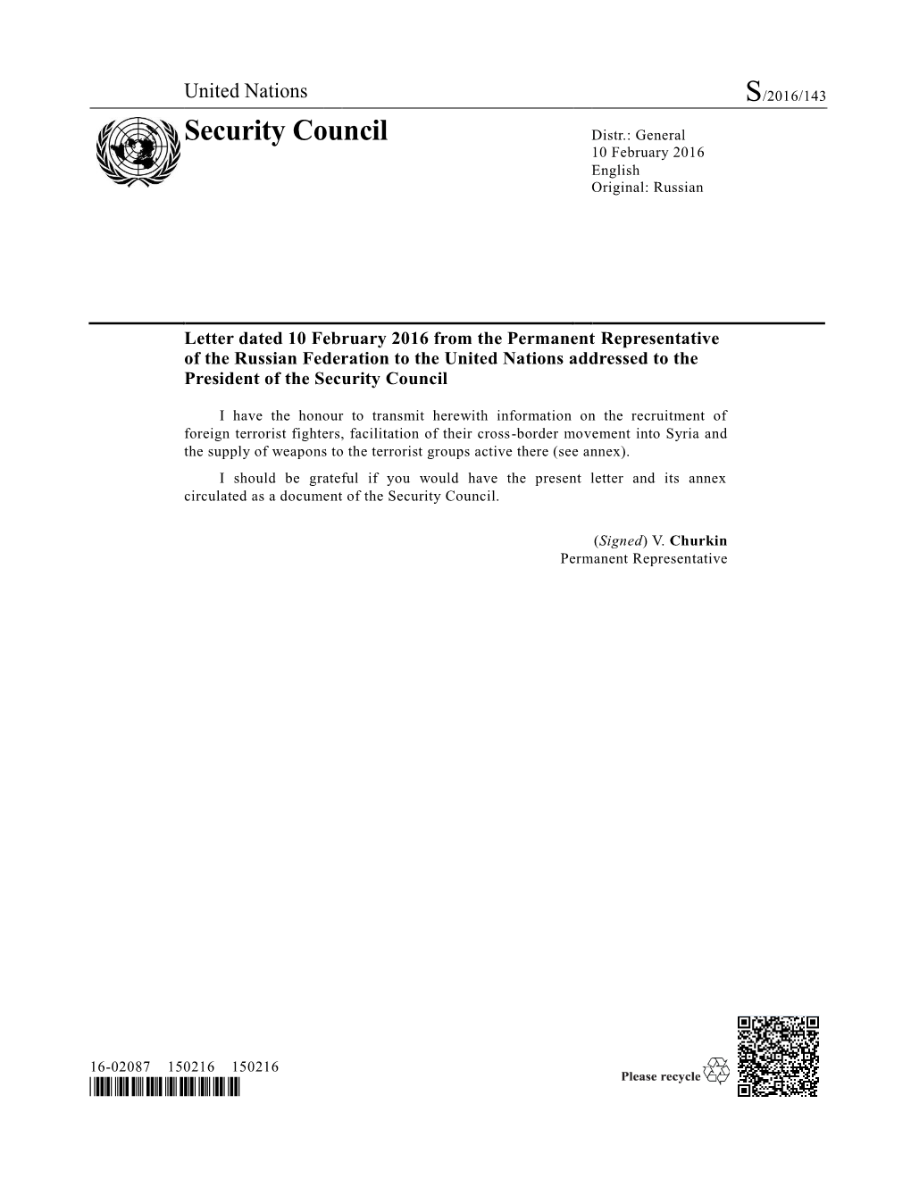Security Council Distr.: General 10 February 2016 English Original: Russian