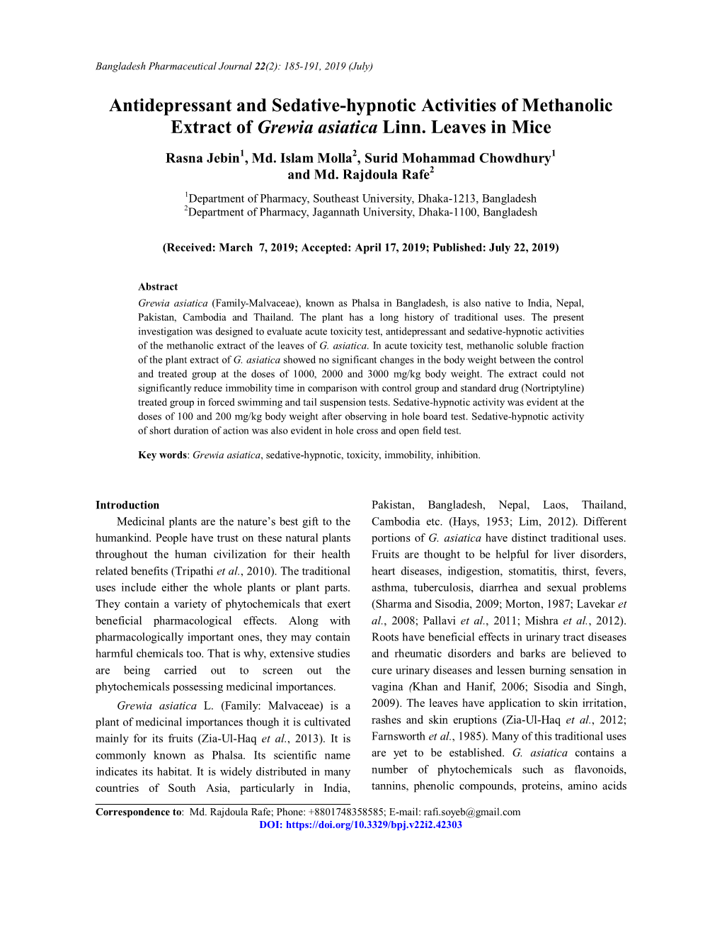 Antidepressant and Sedative-Hypnotic Activities of Methanolic Extract of Grewia Asiatica Linn