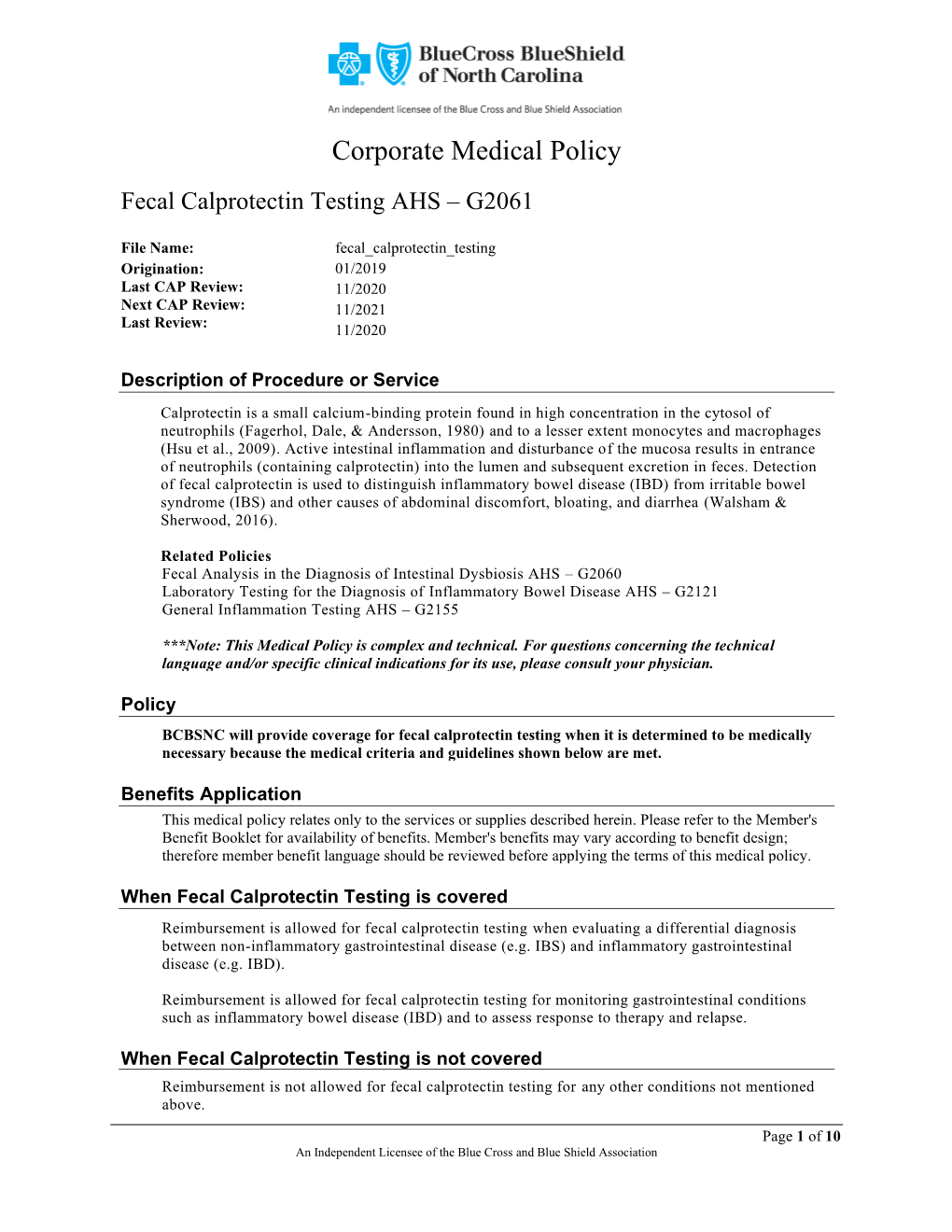 Fecal Calprotectin Testing AHS – G2061