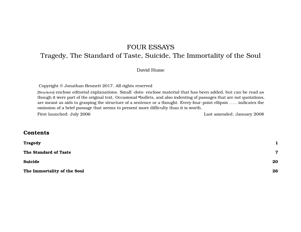 FOUR ESSAYS Tragedy, the Standard of Taste, Suicide, the Immortality of the Soul