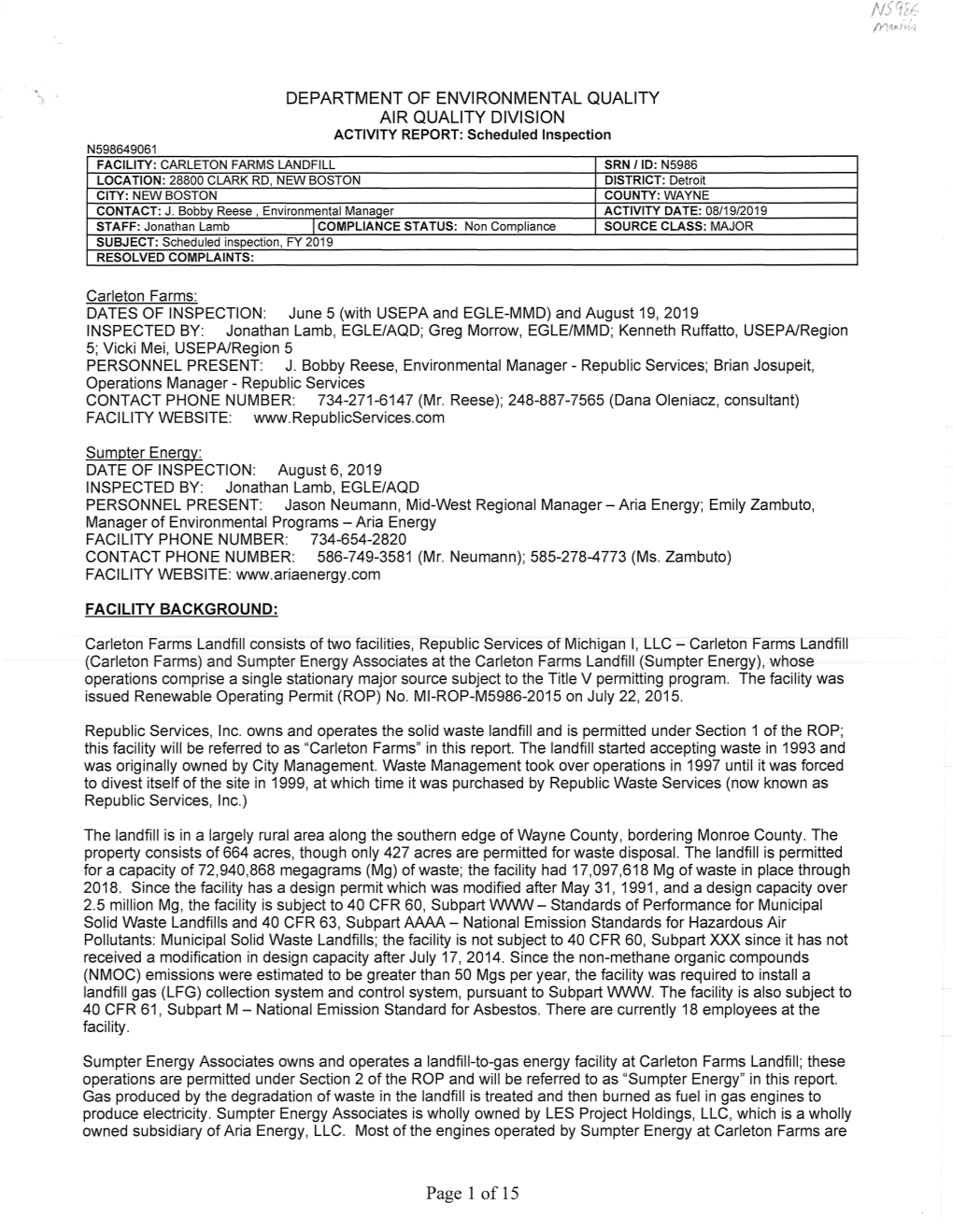 Of 15 Subject to 40 CFR, Subpart ZZZZ - National Emission Standards for Hazardous Air Pollutants for Stationary Reciprocating Internal Combustion Engines