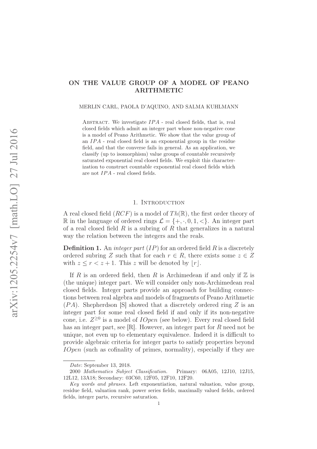 ON the VALUE GROUP of a MODEL of PEANO ARITHMETIC 3 It to Construct Countable Exponential Real Closed ﬁelds Which Are Not IP a − RCF S, See Example 18