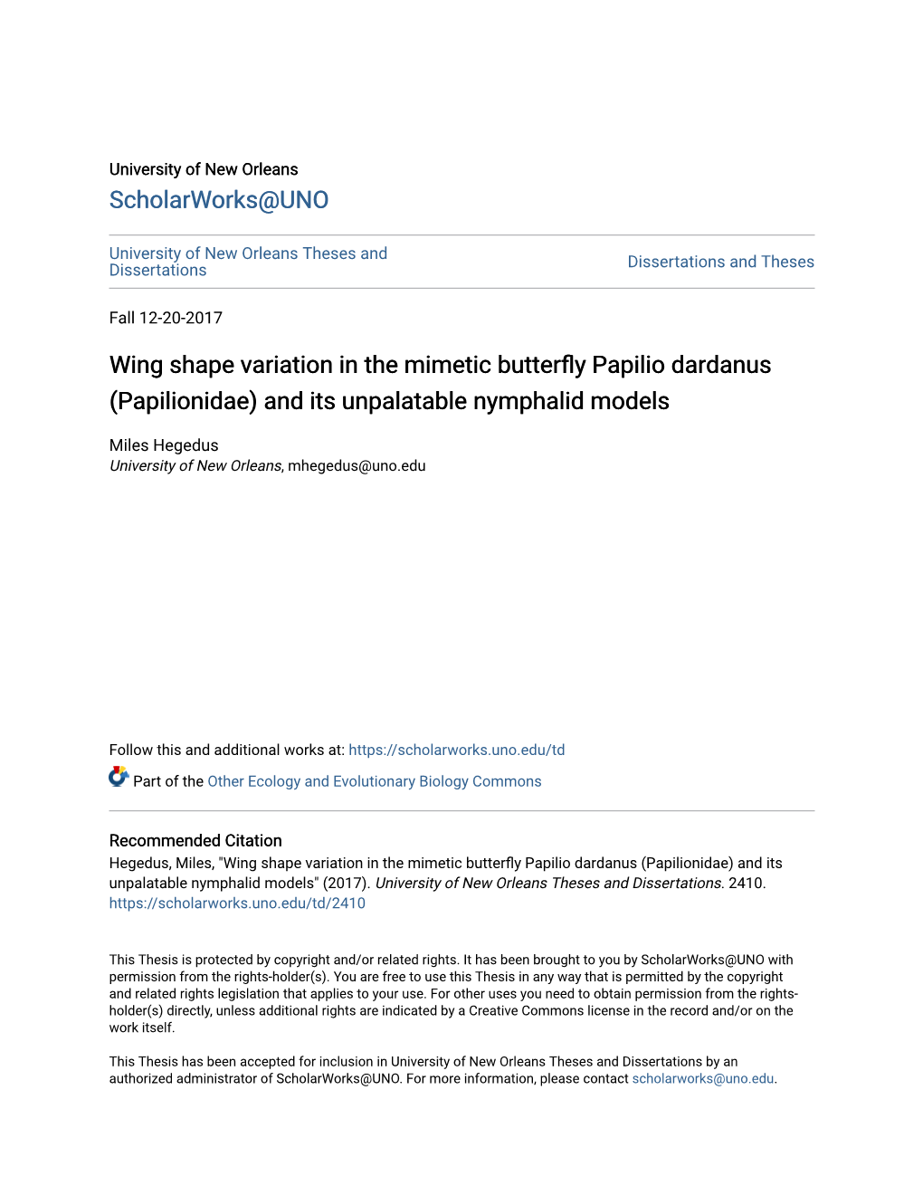 Papilionidae) and Its Unpalatable Nymphalid Models