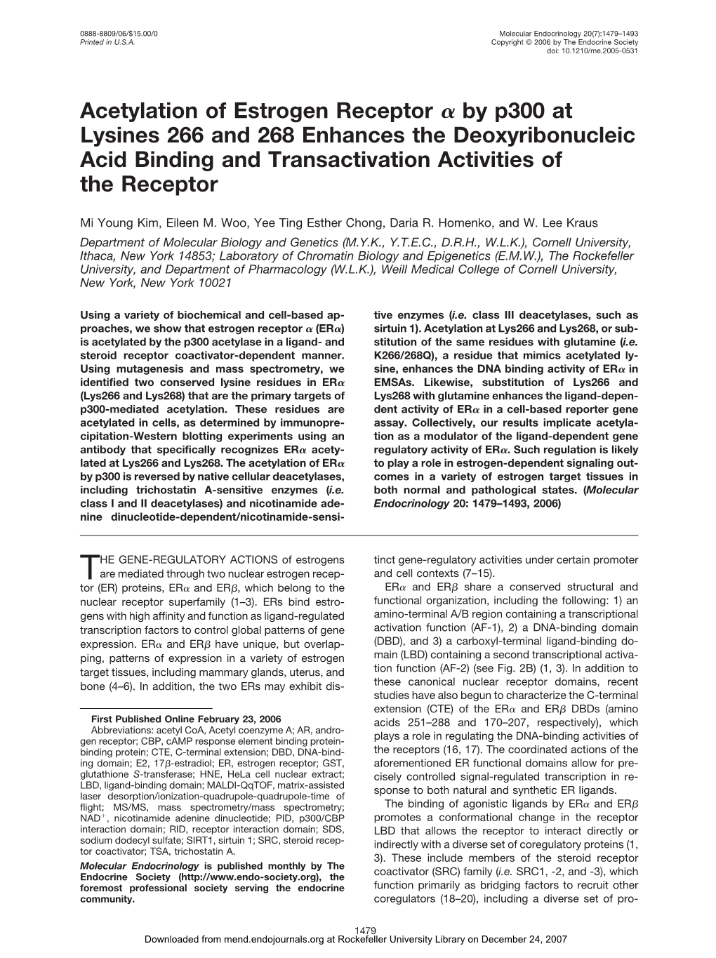 Acetylation of Estrogen Receptor by P300 at Lysines 266 and 268