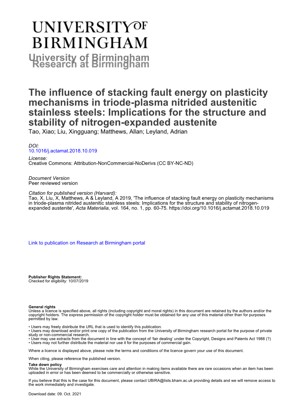 University of Birmingham the Influence of Stacking Fault Energy On