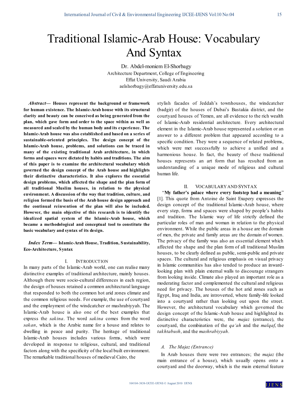 Traditional Islamic-Arab House: Vocabulary and Syntax Dr