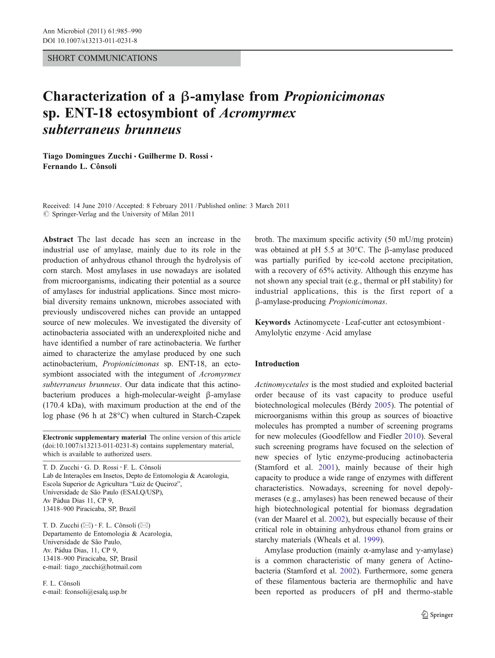 Characterization of a Β-Amylase from Propionicimonas Sp. ENT-18 Ectosymbiont of Acromyrmex Subterraneus Brunneus