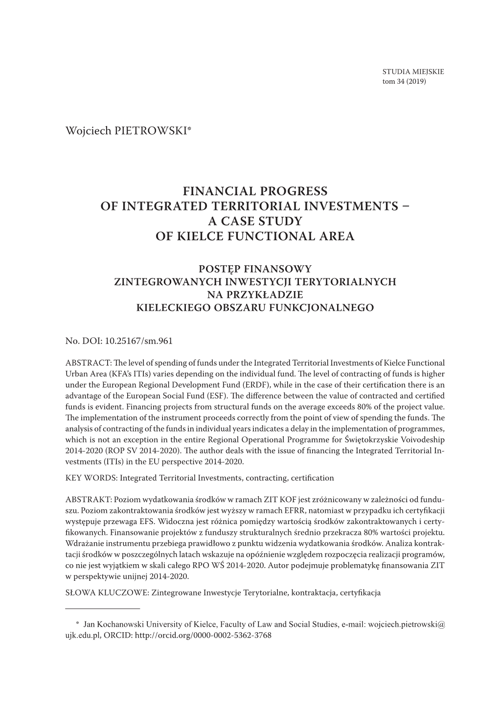 Financial Progress of Integrated Territorial Investments – a Case Study of Kielce Functional Area