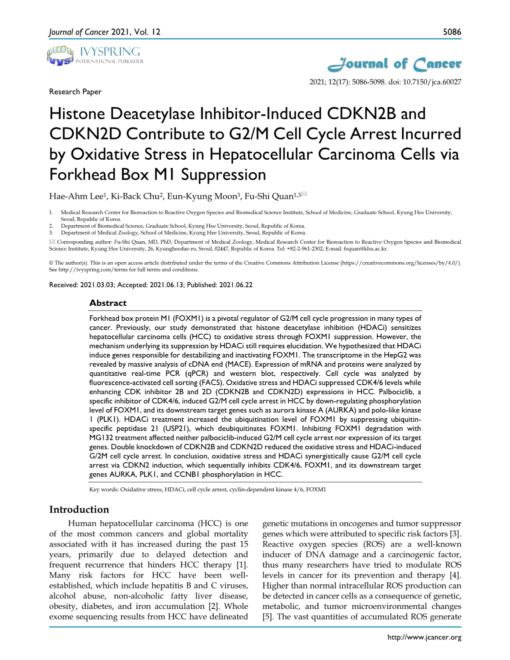 Histone Deacetylase Inhibitor-Induced CDKN2B and CDKN2D Contribute to G2/M Cell Cycle Arrest Incurred by Oxidative Stress In