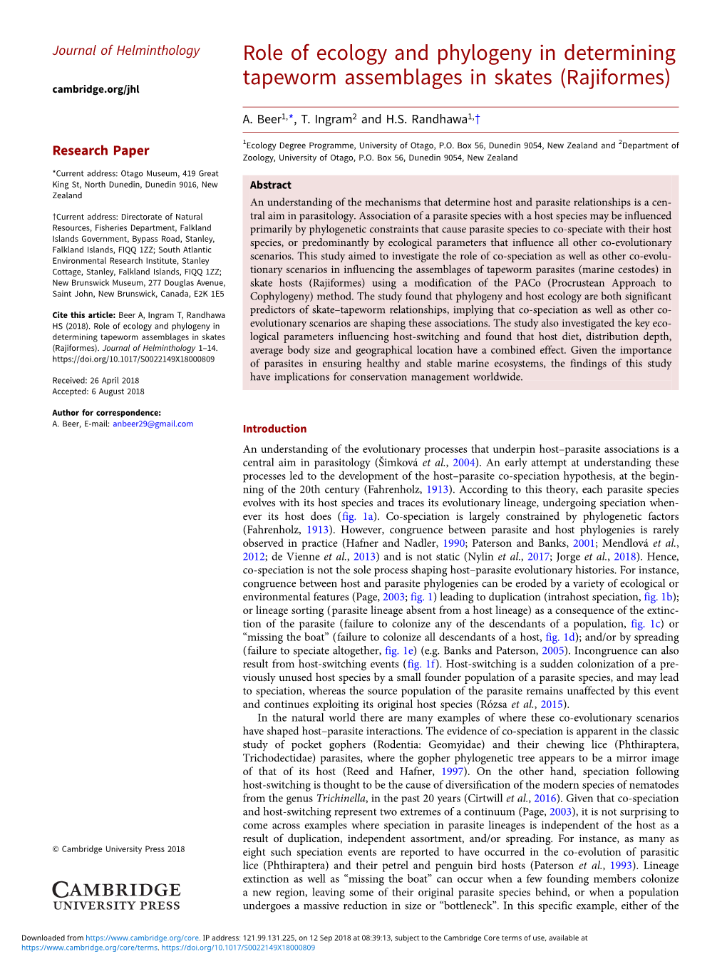 Role of Ecology and Phylogeny in Determining Tapeworm Assemblages in Skates (Rajiformes) Cambridge.Org/Jhl