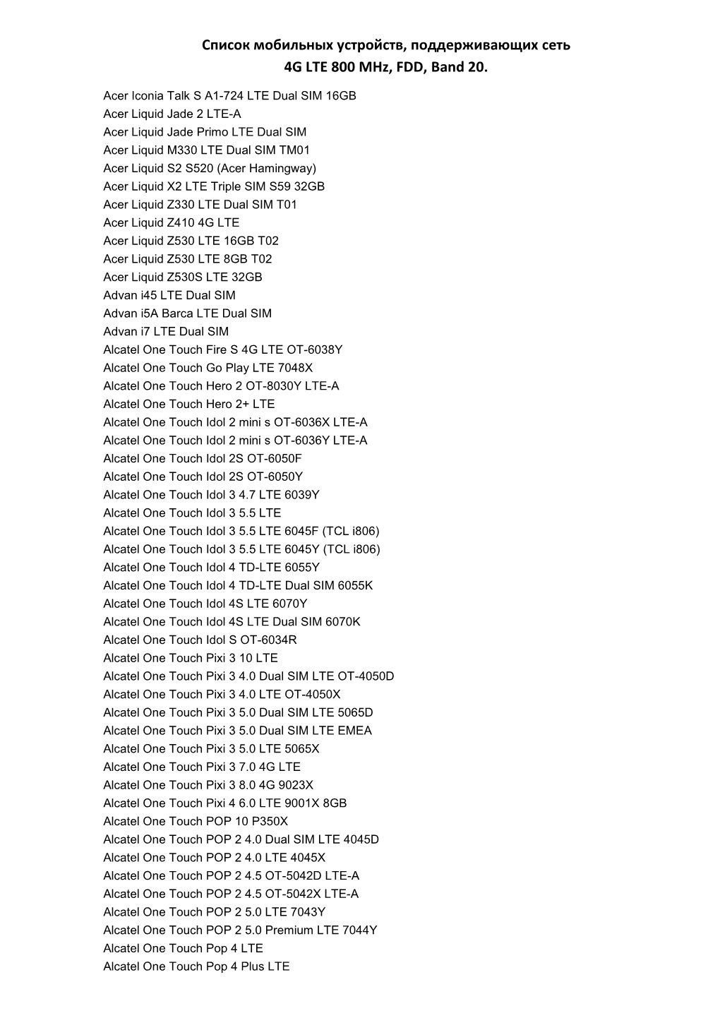 Список Мобильных Устройств, Поддерживающих Сеть 4G LTE 800 Mhz, FDD, Band 20