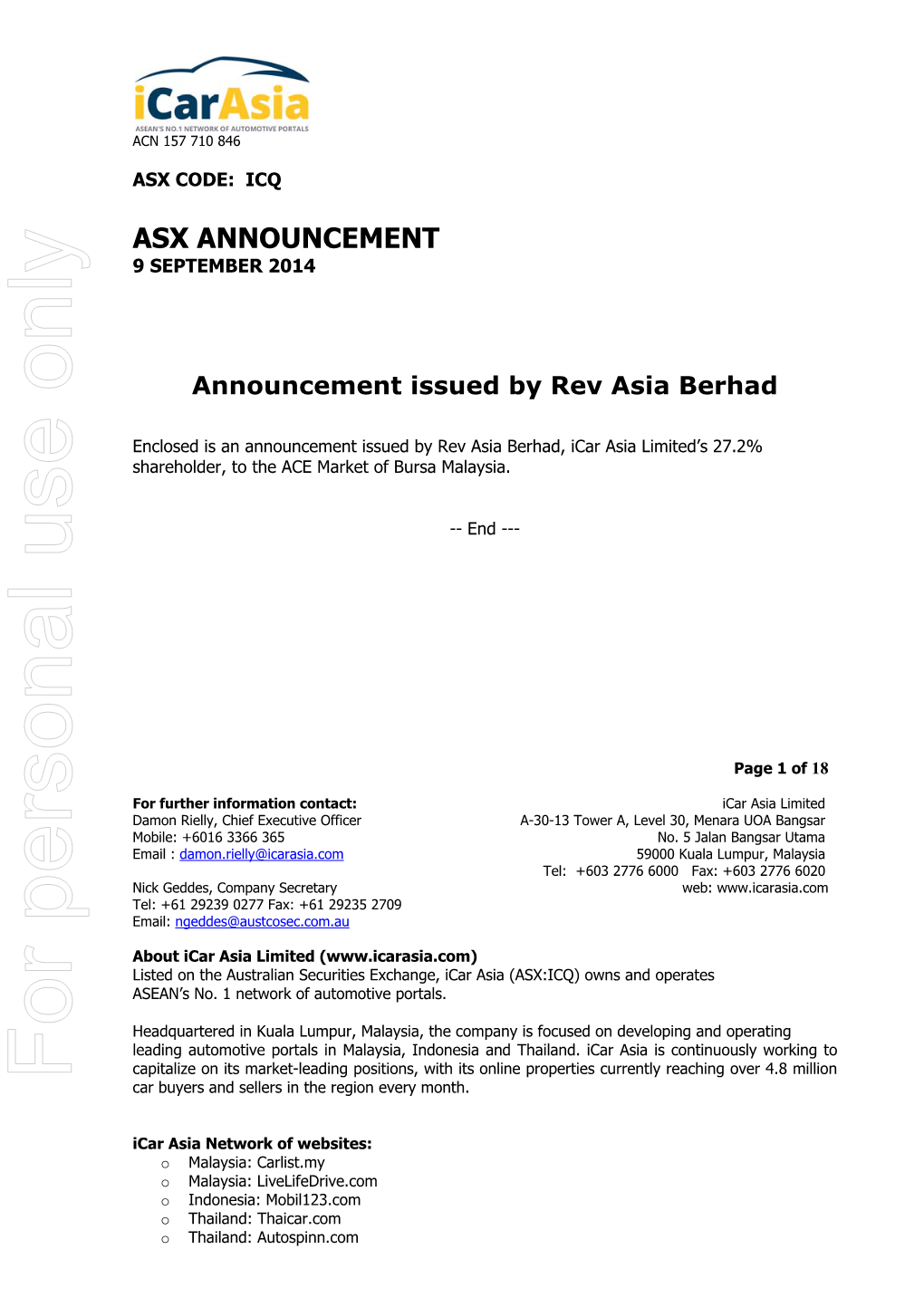 Asx Announcement 9 September 2014