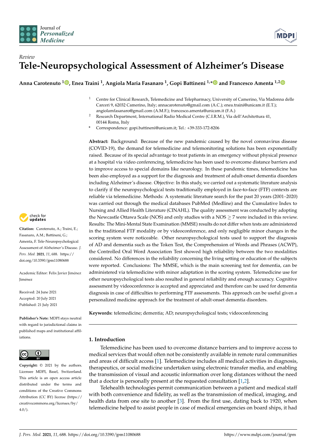 Tele-Neuropsychological Assessment of Alzheimer's Disease