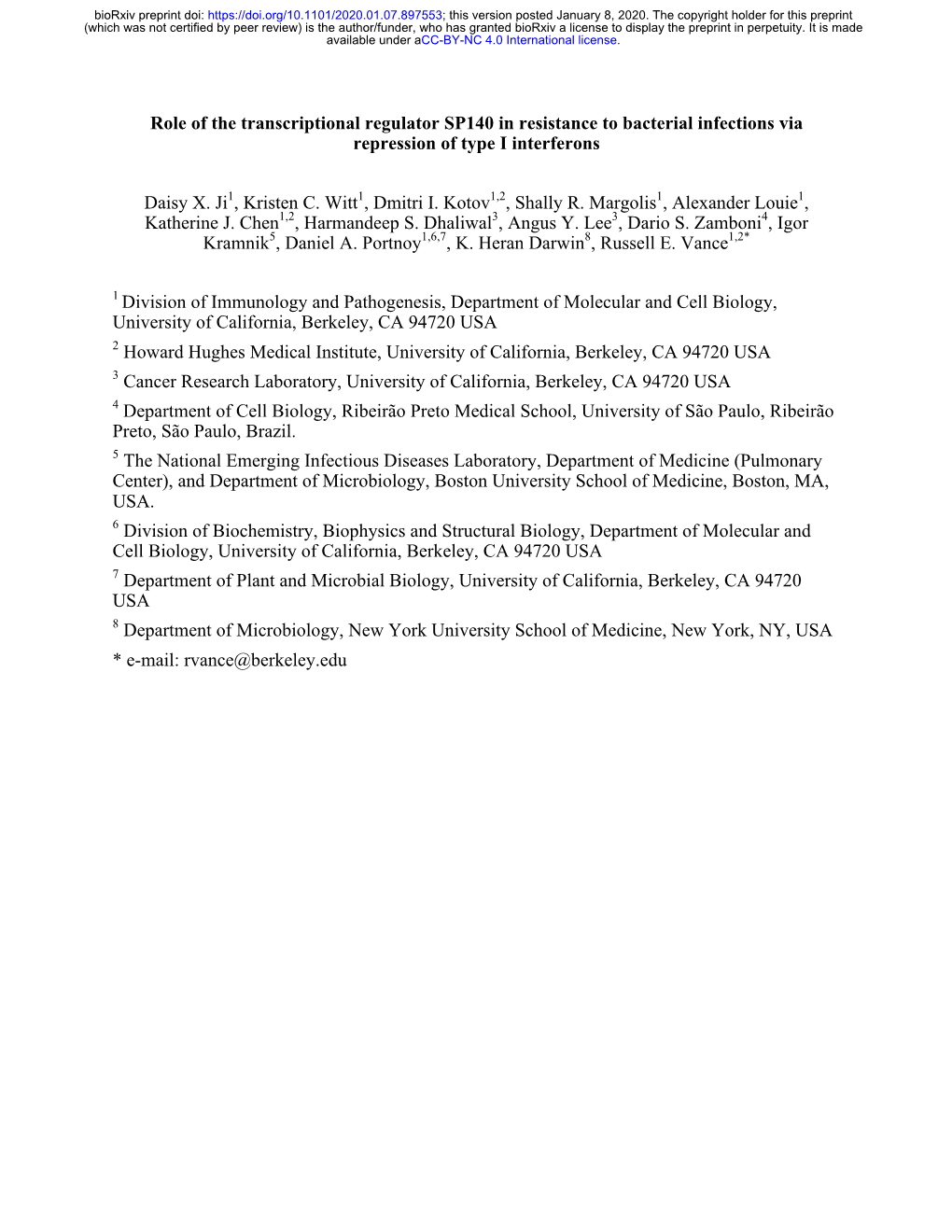 Role of the Transcriptional Regulator SP140 in Resistance to Bacterial Infections Via Repression of Type I Interferons