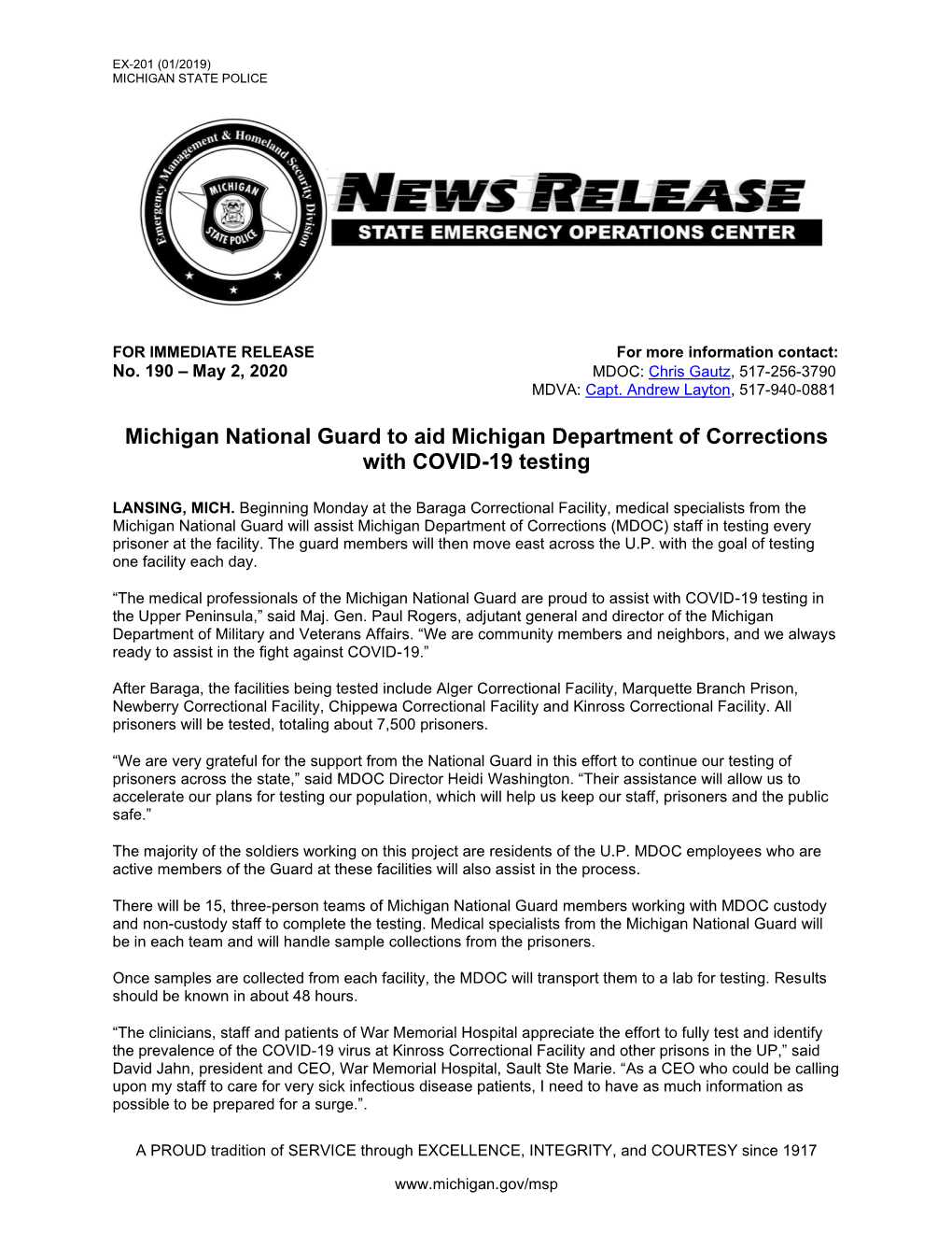 Michigan National Guard to Aid Michigan Department of Corrections with COVID-19 Testing