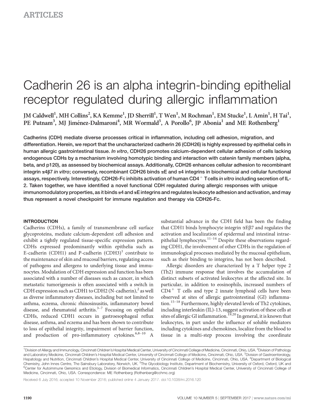 Cadherin 26 Is an Alpha Integrin-Binding Epithelial Receptor Regulated During Allergic Inflammation