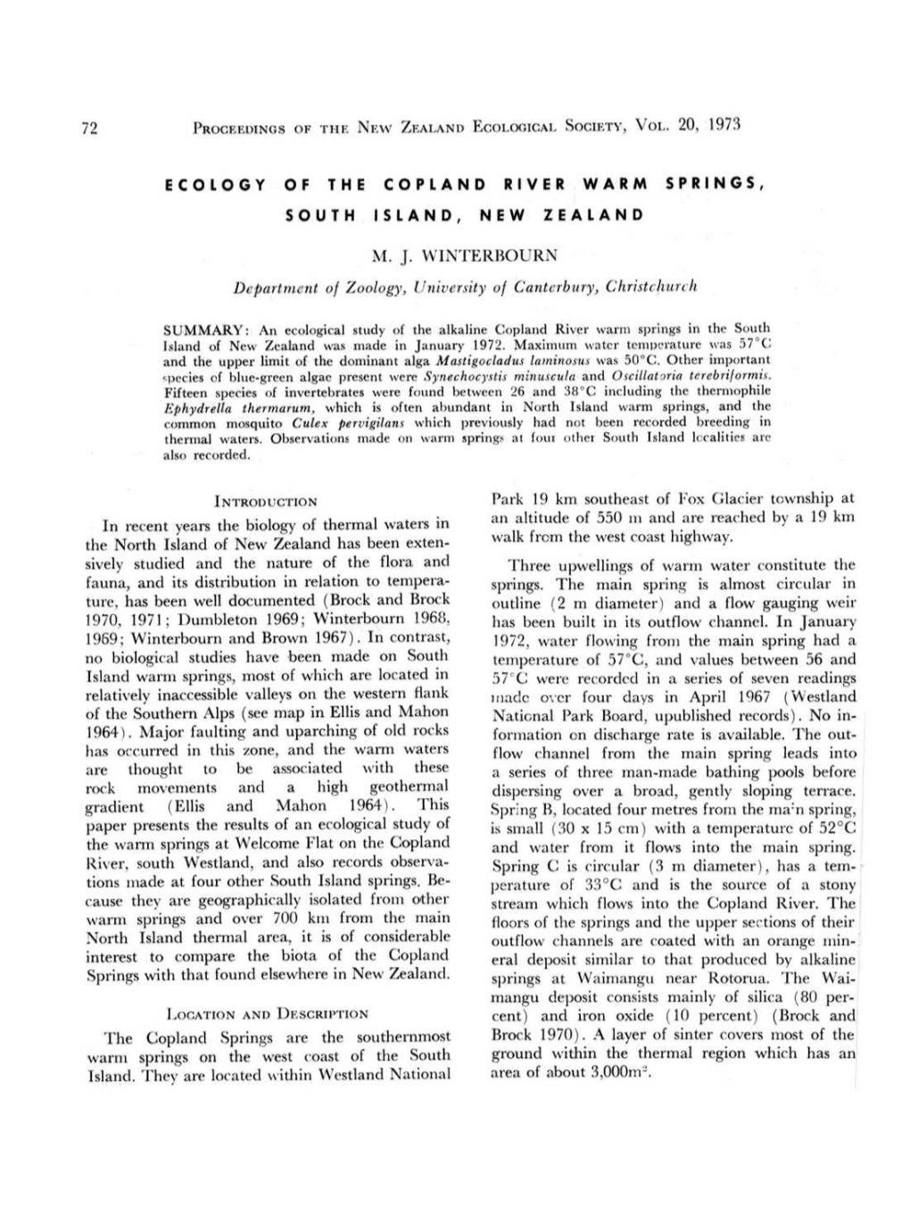 Ecology of the Copland River Warm Springs, South Island, New Zealand