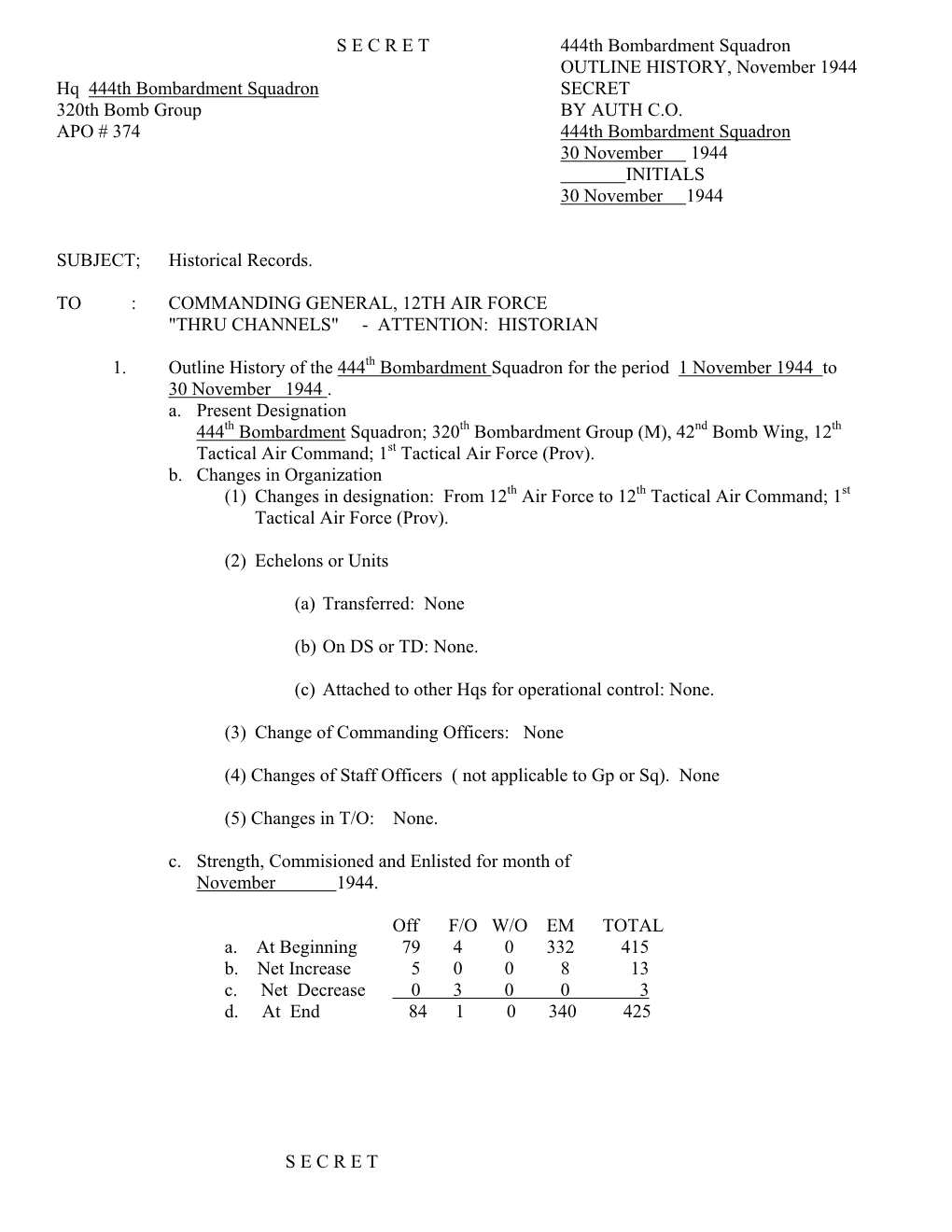 S E C R E T 444Th Bombardment Squadron OUTLINE HISTORY, November 1944 Hq 444Th Bombardment Squadron SECRET 320Th Bomb Group