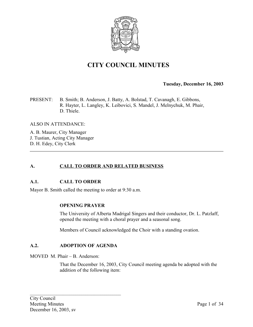 Minutes for City Council December 16, 2003 Meeting