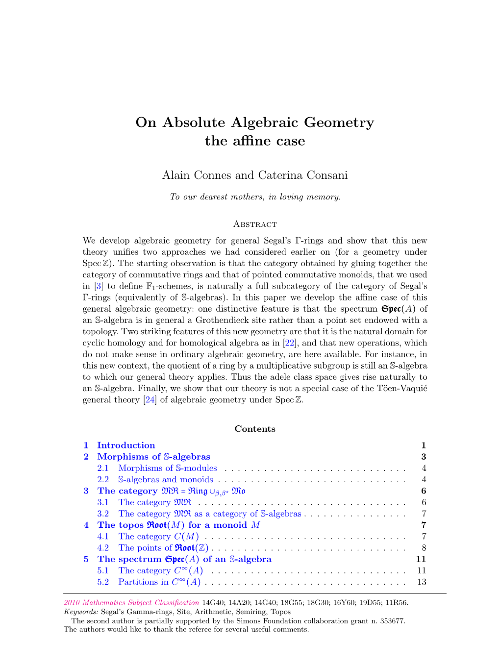 On Absolute Algebraic Geometry the Affine Case the Category Mo (By the Natural Functor M ↦ SM: the Spherical Monoid Algebra [11])