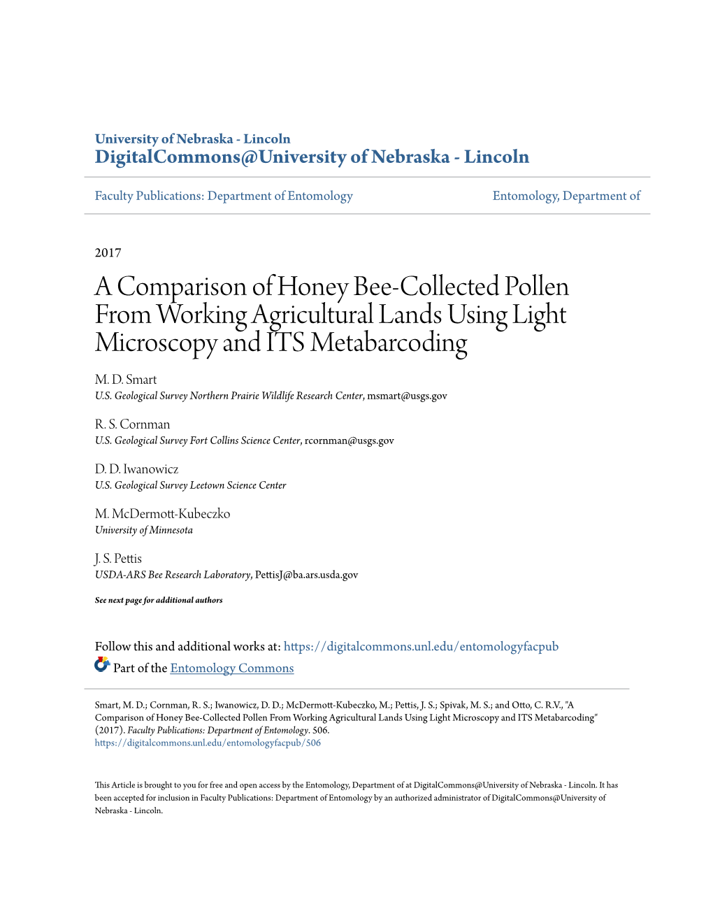 A Comparison of Honey Bee-Collected Pollen from Working Agricultural Lands Using Light Microscopy and ITS Metabarcoding M