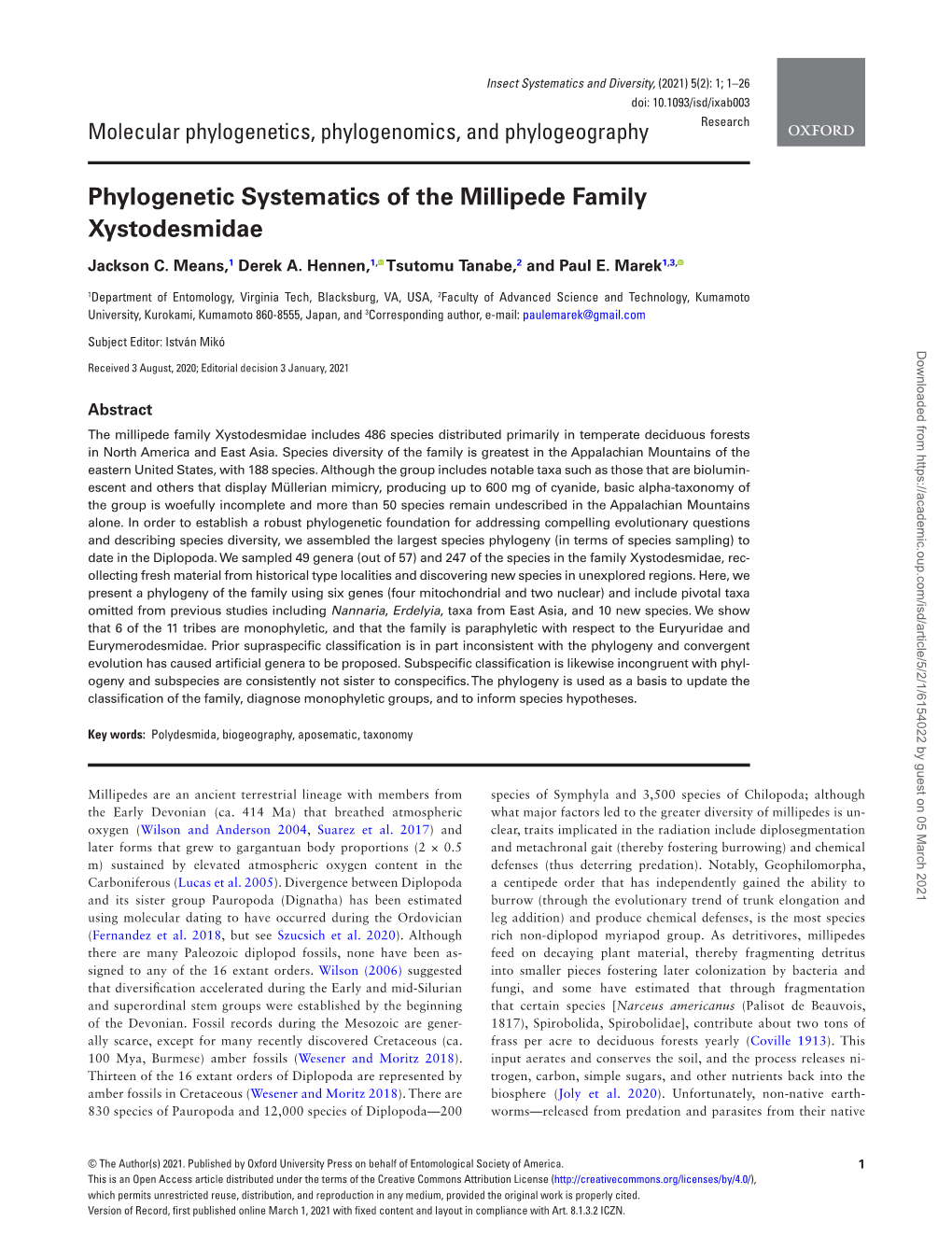 Phylogenetic Systematics of the Millipede Family Xystodesmidae