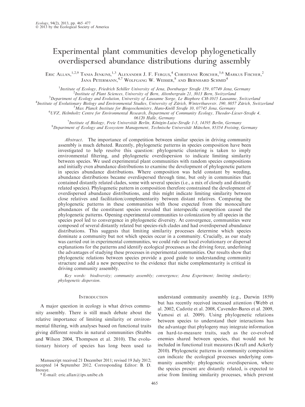 Experimental Plant Communities Develop Phylogenetically Overdispersed Abundance Distributions During Assembly