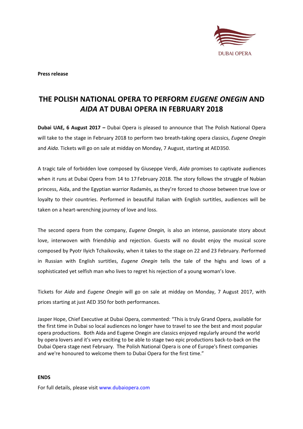 The Polish National Opera to Perform Eugene Onegin and Aida at Dubai Opera in February 2018