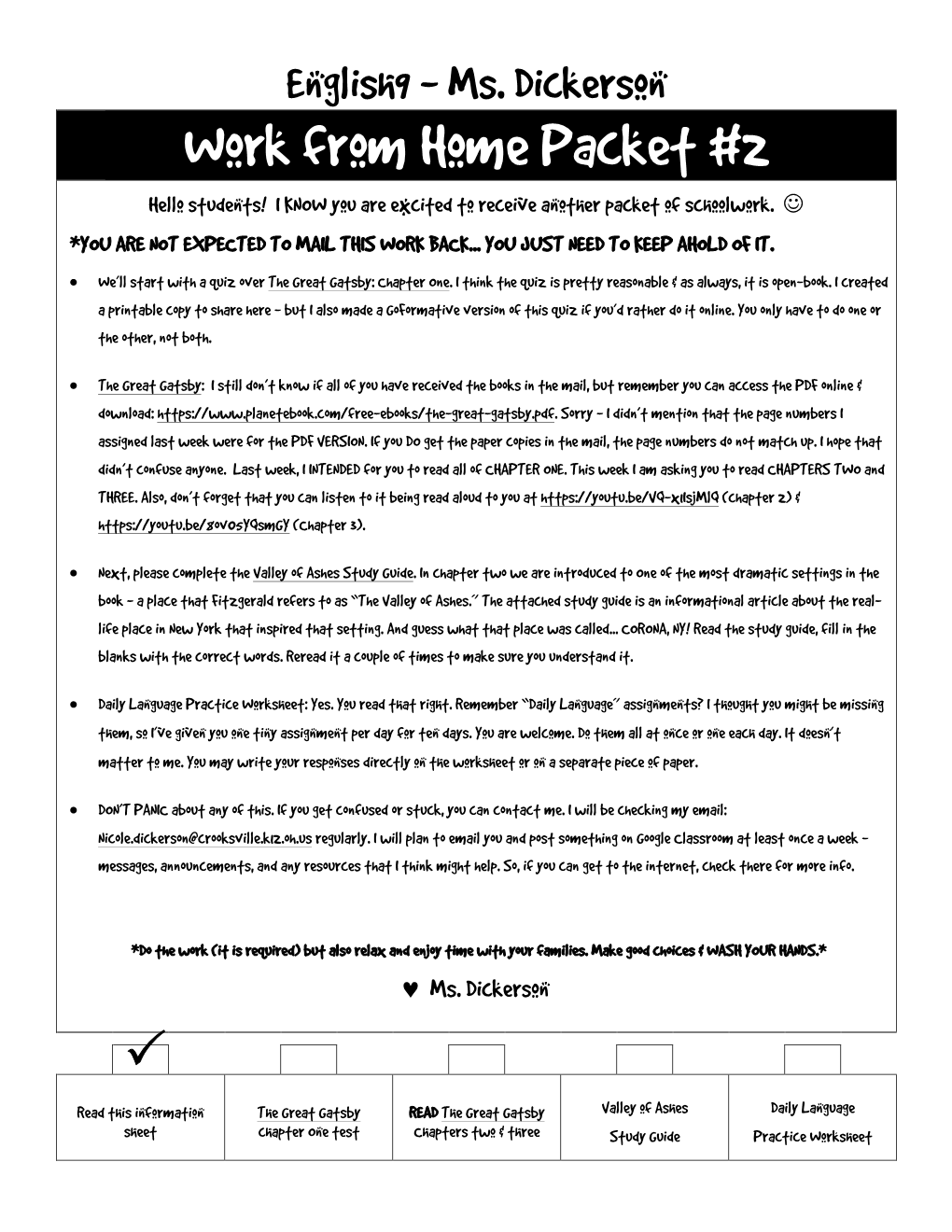 Work from Home Packet #2 Hello Students! I KNOW You Are Excited to Receive Another Packet of Schoolwork