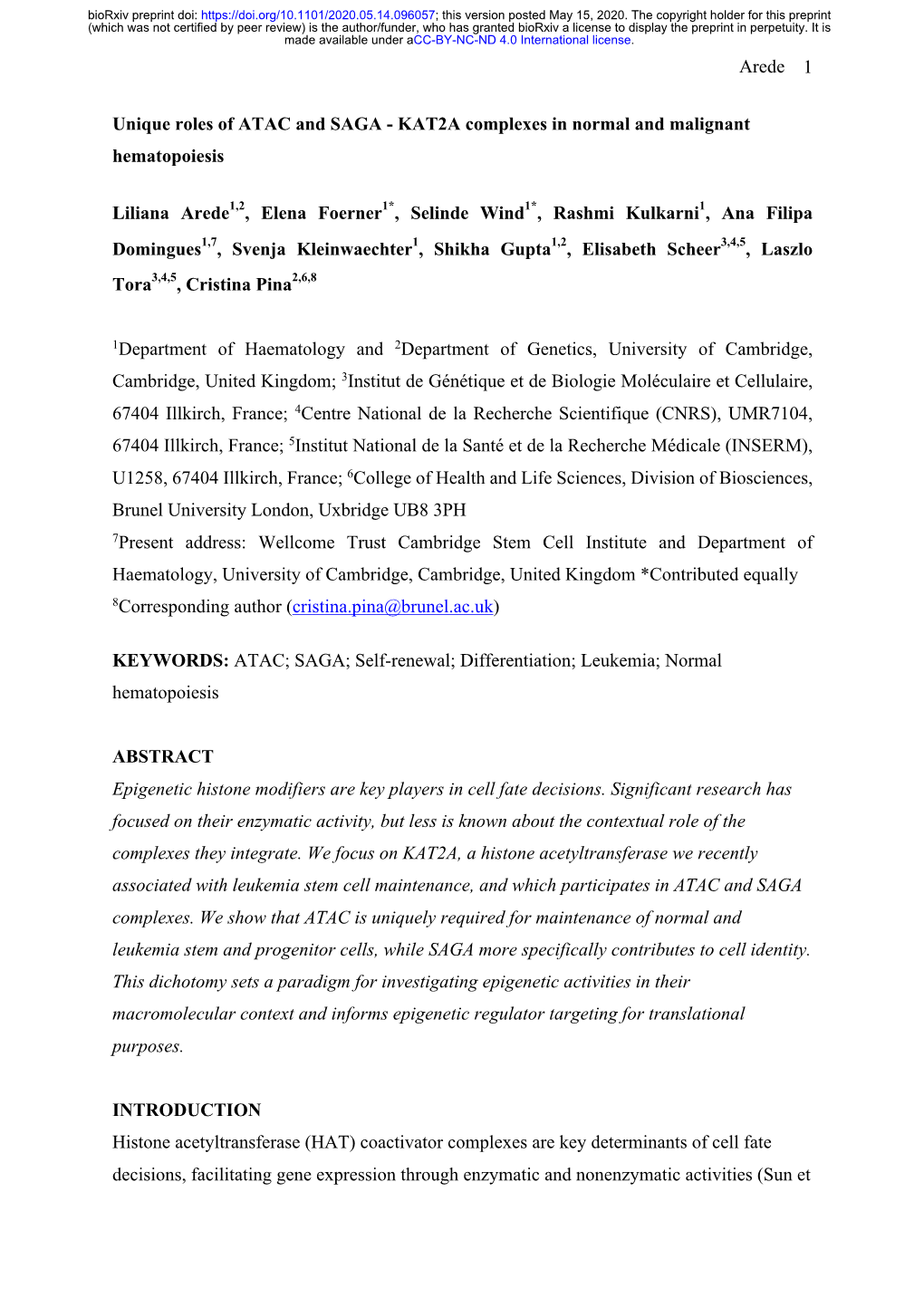 Unique Roles of ATAC and SAGA - KAT2A Complexes in Normal and Malignant Hematopoiesis