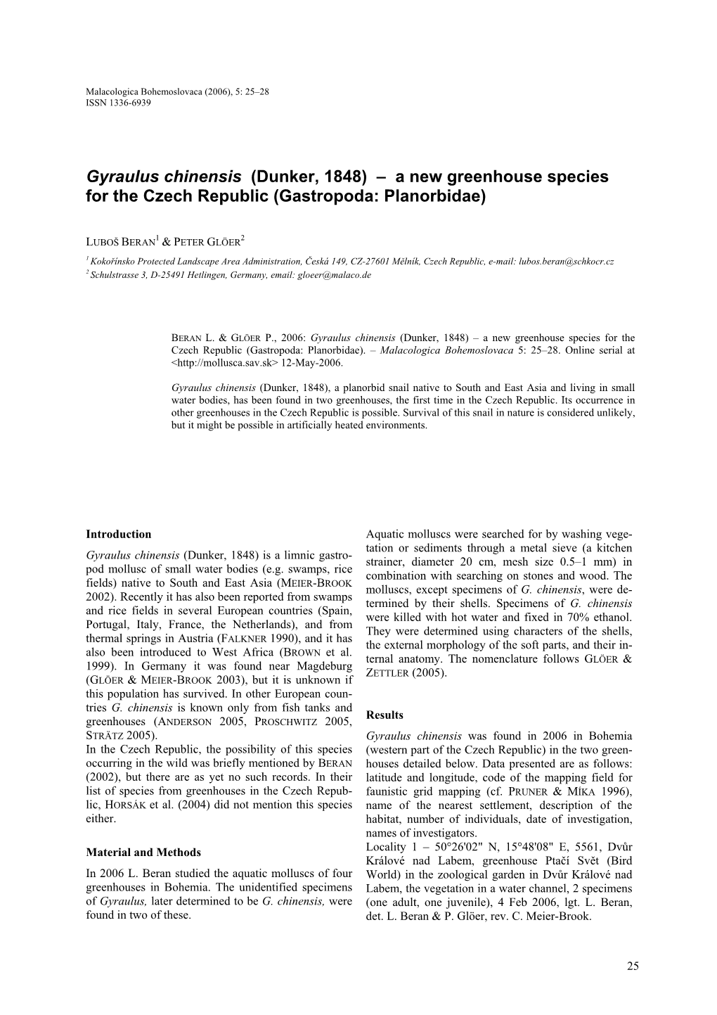 Gyraulus Chinensis (Dunker, 1848) – a New Greenhouse Species for the Czech Republic (Gastropoda: Planorbidae)