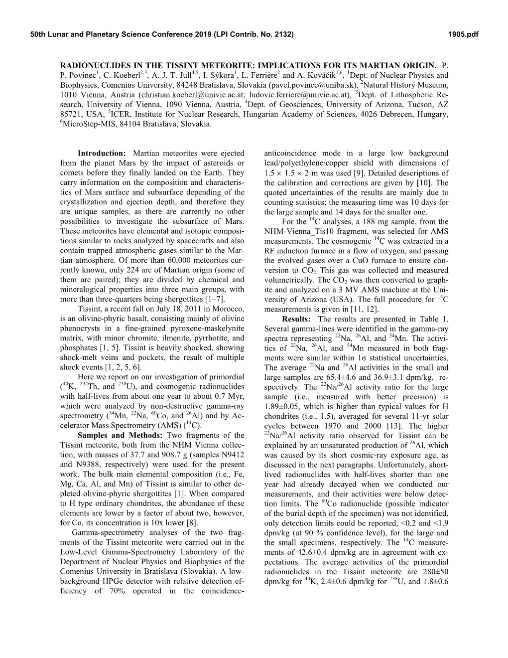 Radionuclides in the Tissint Meteorite: Implications for Its Martian Origin