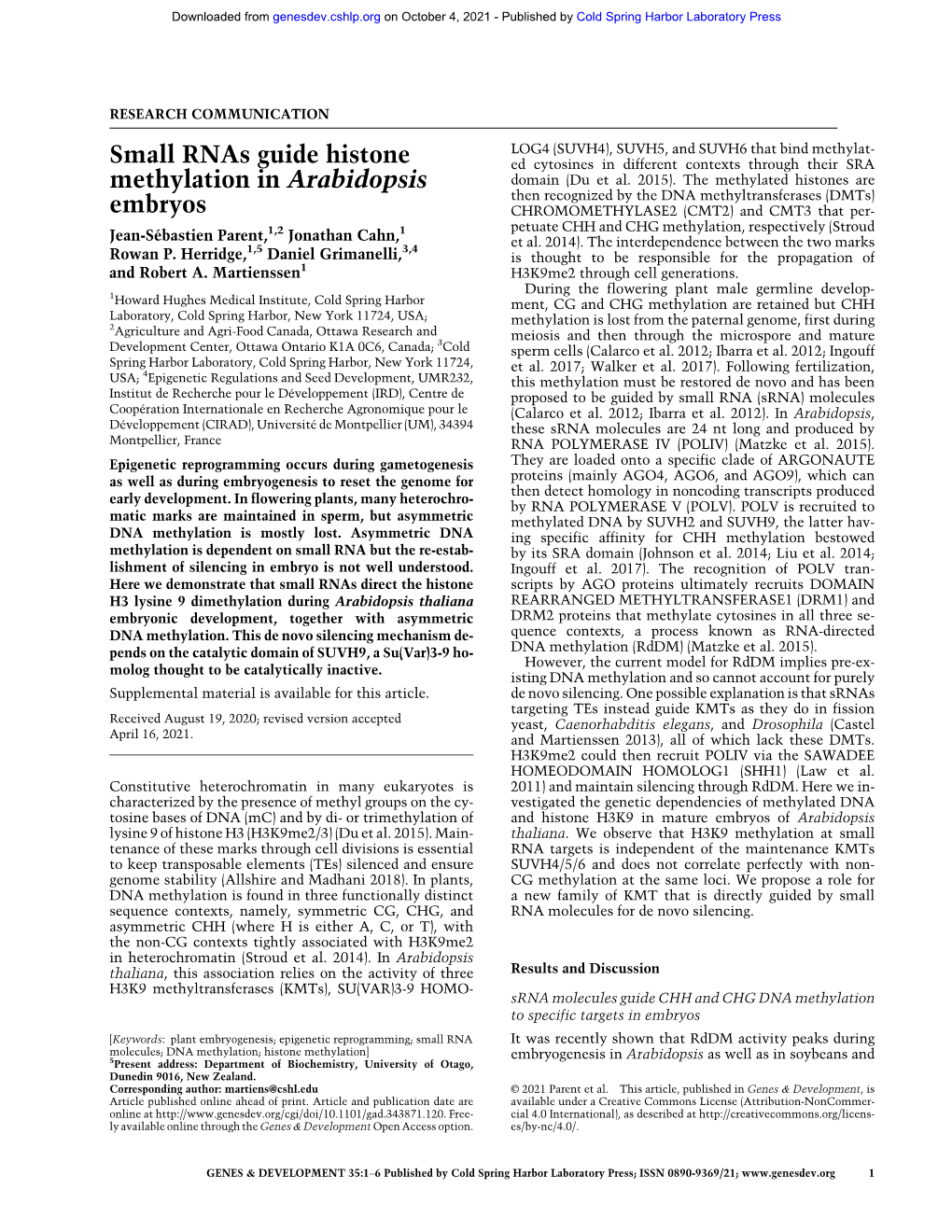 Small Rnas Guide Histone Methylation in Arabidopsis Embryos