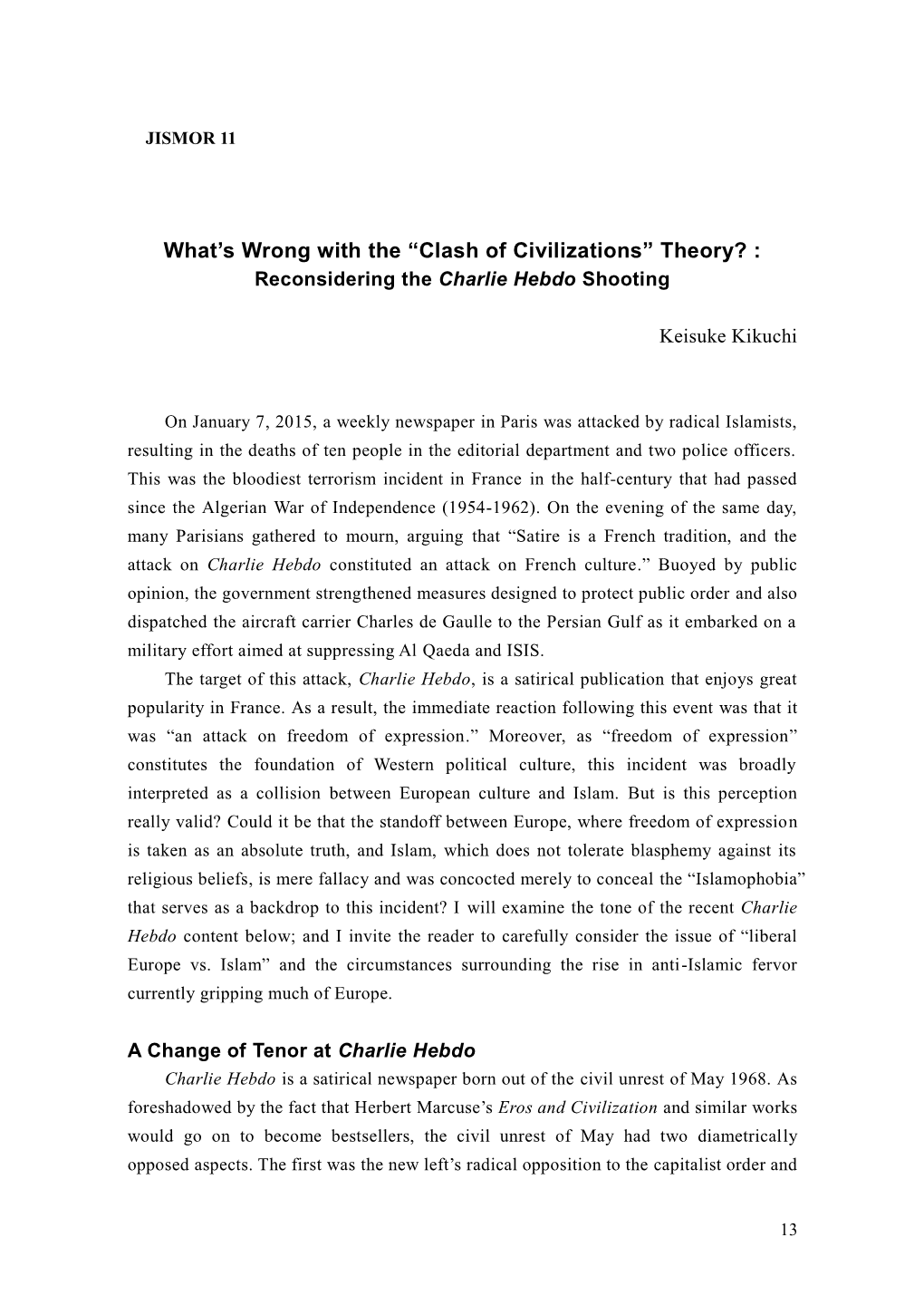 Clash of Civilizations” Theory? : Reconsidering the Charlie Hebdo Shooting