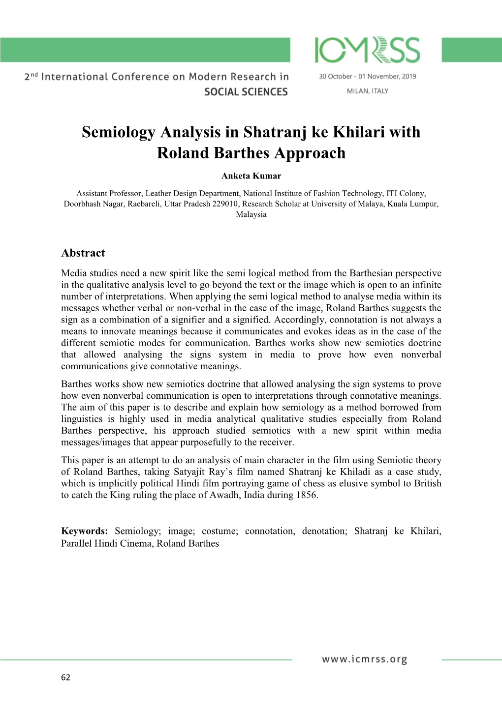 Semiology Analysis in Shatranj Ke Khilari with Roland Barthes Approach
