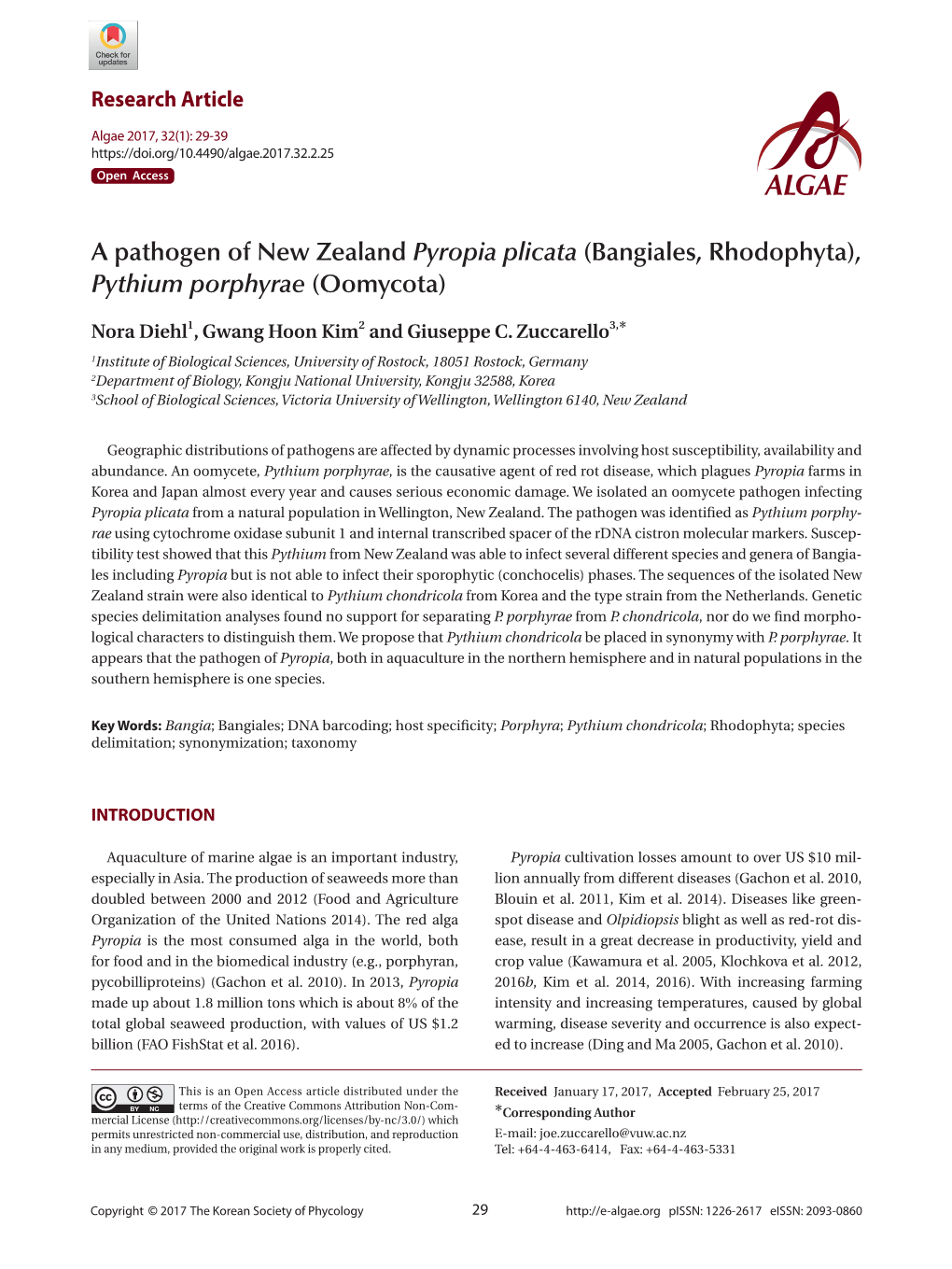 A Pathogen of New Zealand Pyropia Plicata (Bangiales, Rhodophyta), Pythium Porphyrae (Oomycota)