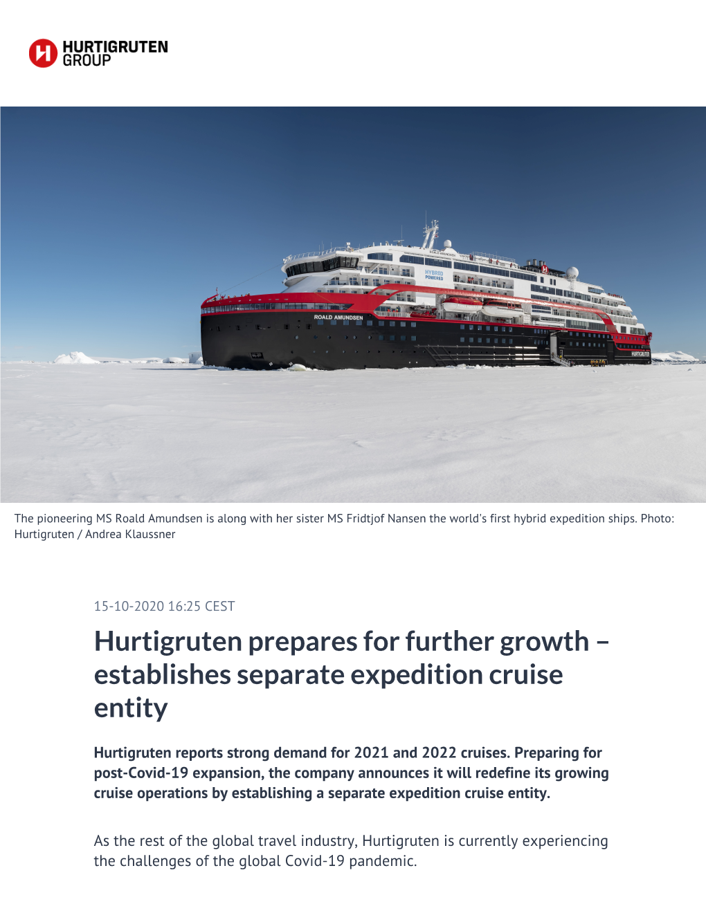 Hurtigruten Prepares for Further Growth – Establishes Separate Expedition Cruise Entity
