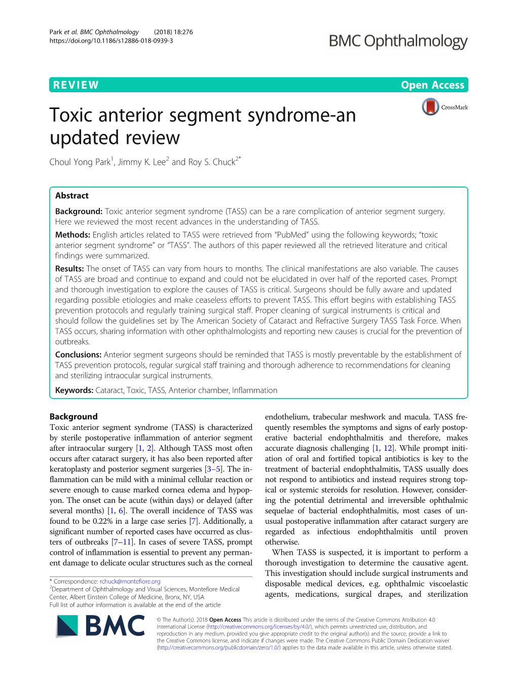 Toxic Anterior Segment Syndrome-An Updated Review Choul Yong Park1, Jimmy K