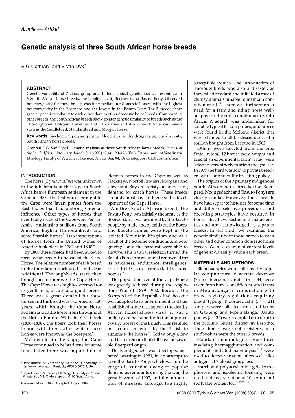 Genetic Analysis of Three South African Horse Breeds