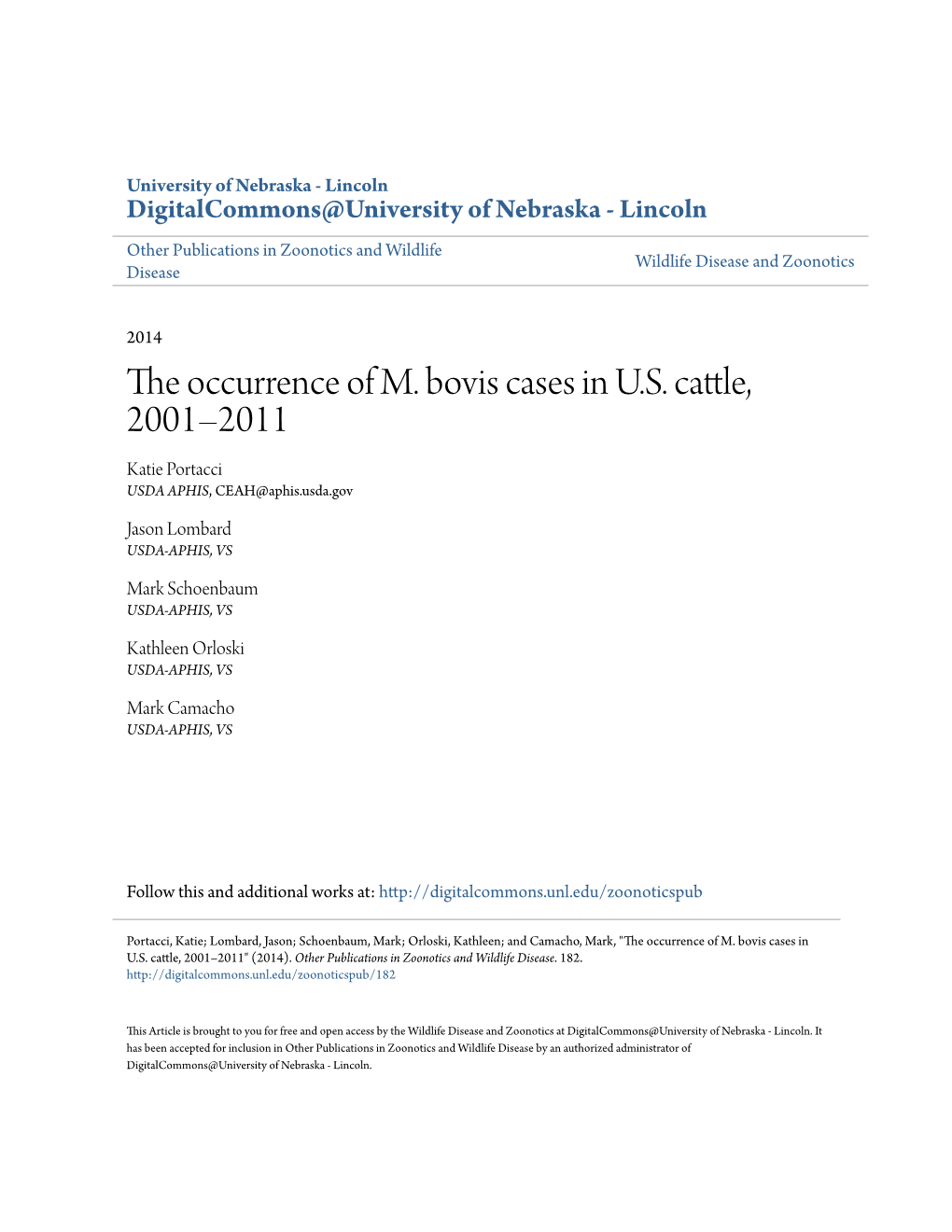 The Occurrence of M. Bovis Cases in US Cattle, 2001–2011