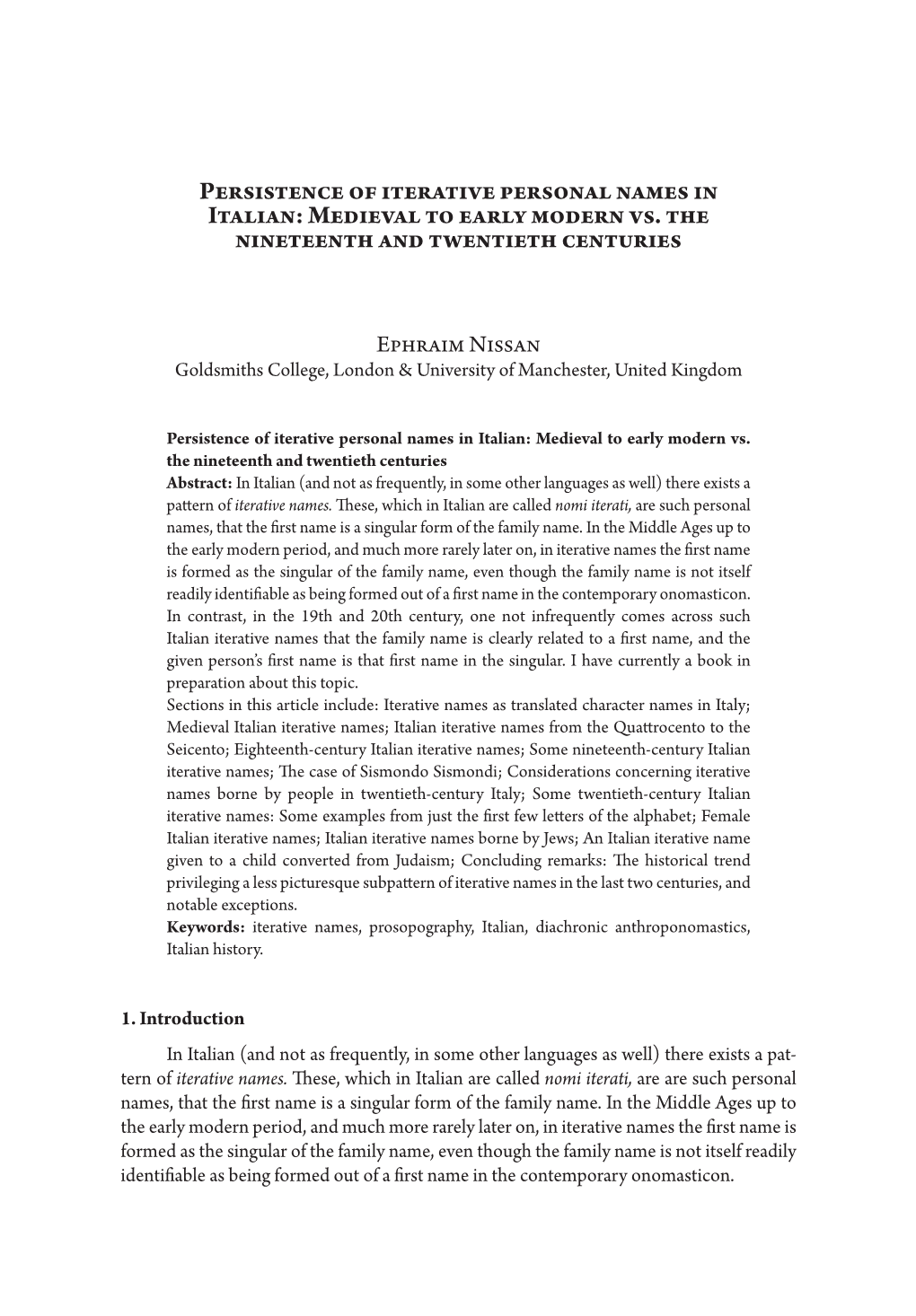 Persistence of Iterative Personal Names in Italian: Medieval to Early Modern Vs