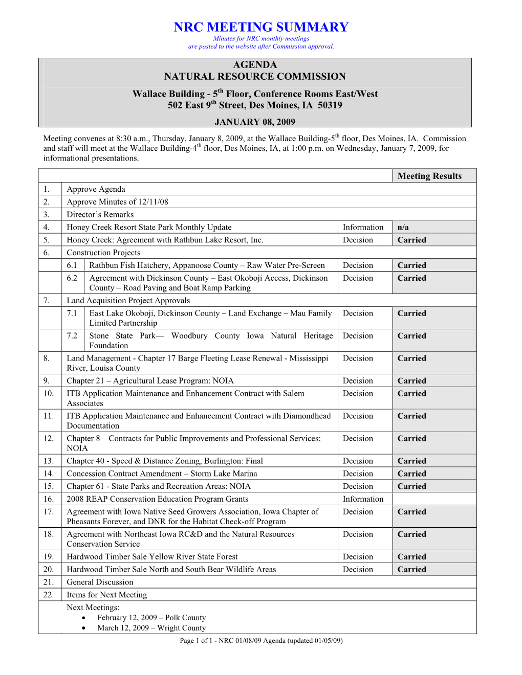 Agenda Natural Resource Commission