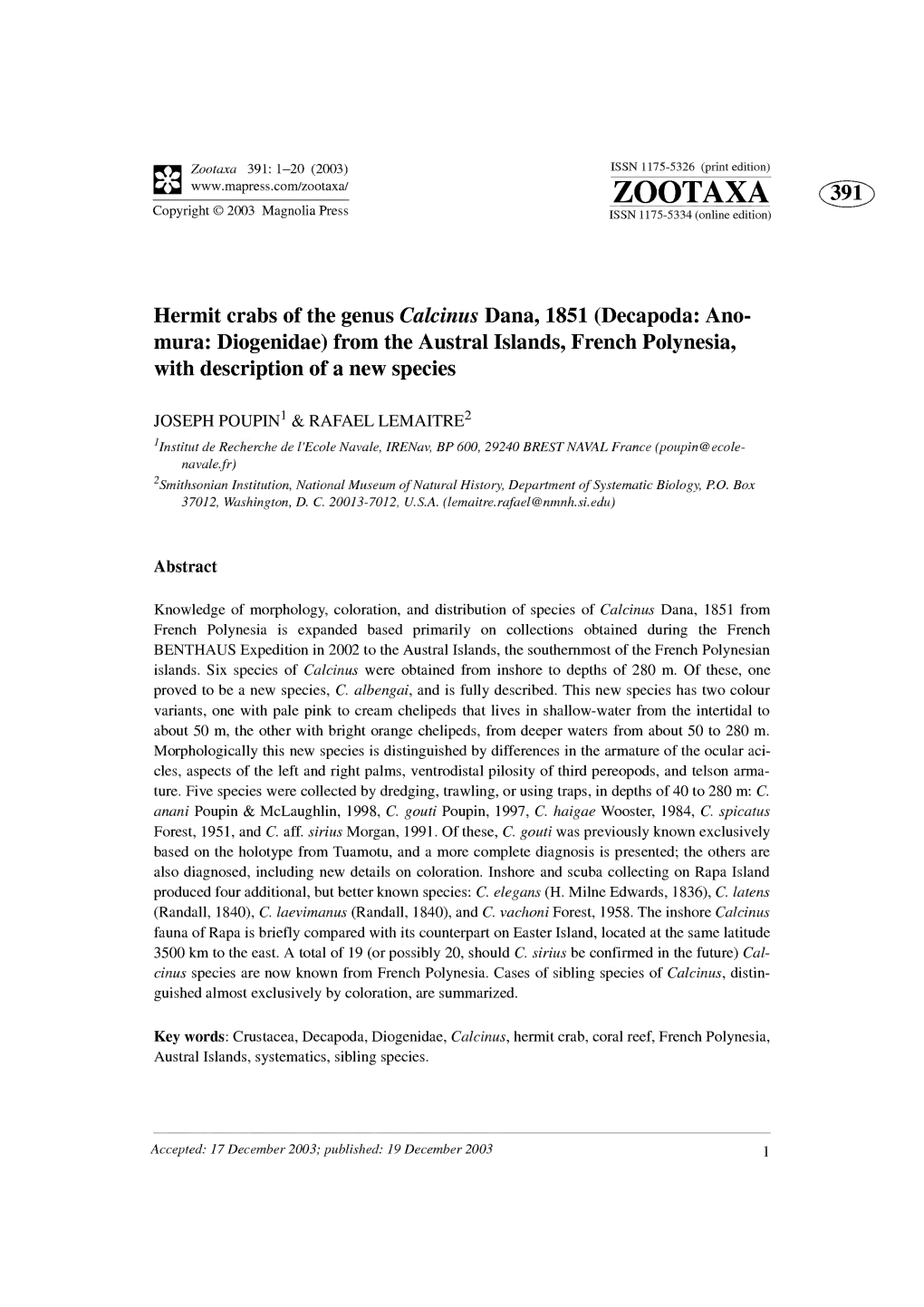 Hermit Crabs of the Genus Calcinus Dana, 1851 (Decapoda: Ano- Mura: Diogenidae) from the Austral Islands, French Polynesia, with Description of a New Species