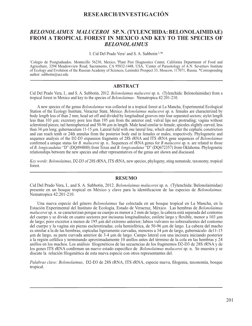 Tylenchida: Belonolaimidae) from a Tropical Forest in Mexico and Key to the Species of Belonolaimus I