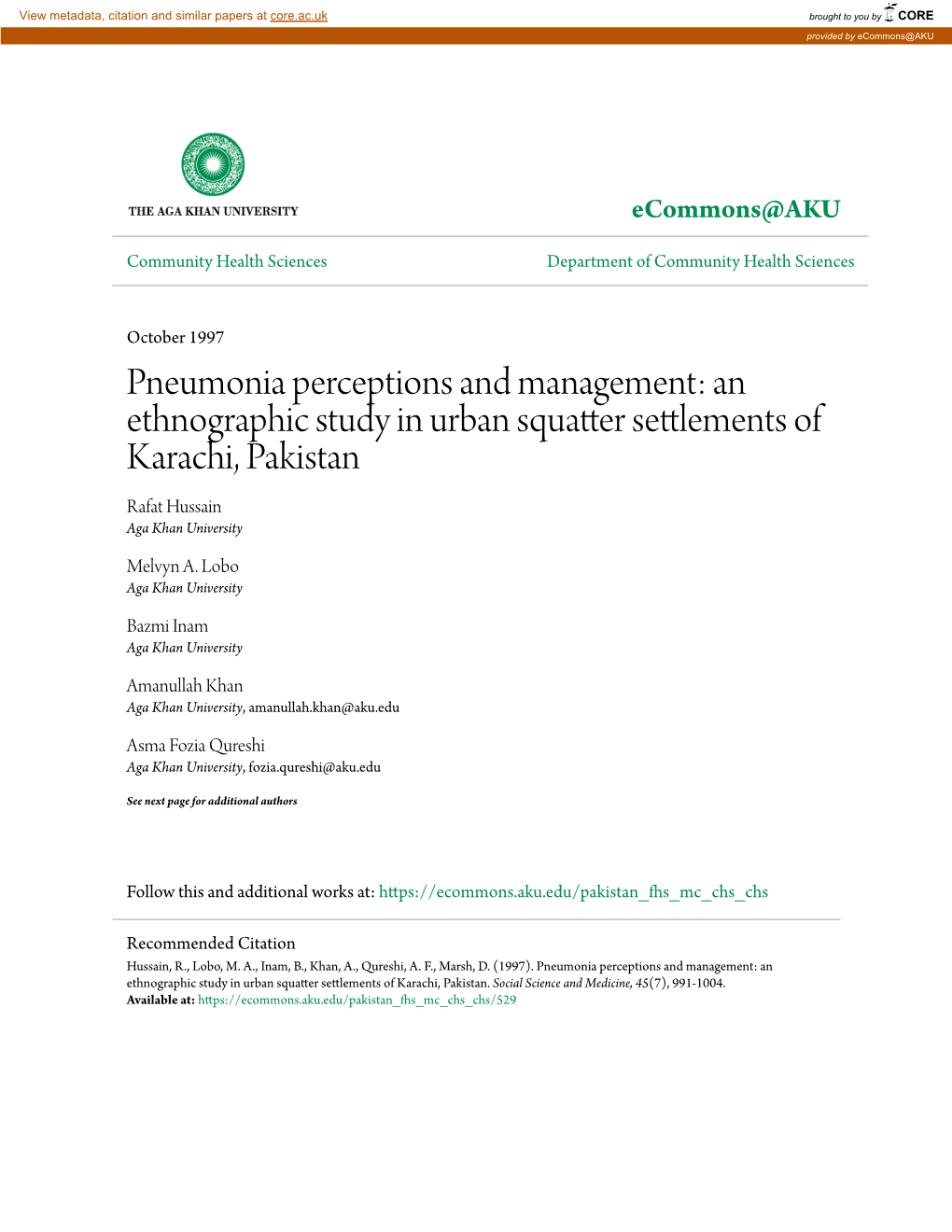 An Ethnographic Study in Urban Squatter Settlements of Karachi, Pakistan Rafat Hussain Aga Khan University