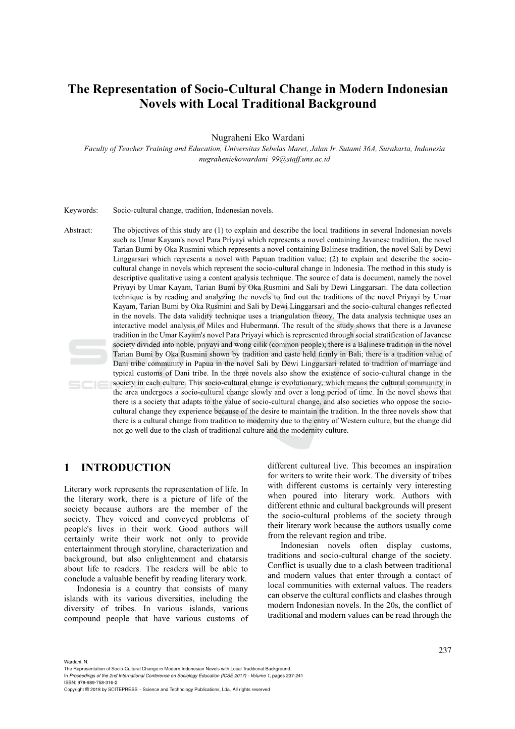 The Representation of Socio-Cultural Change in Modern Indonesian Novels with Local Traditional Background