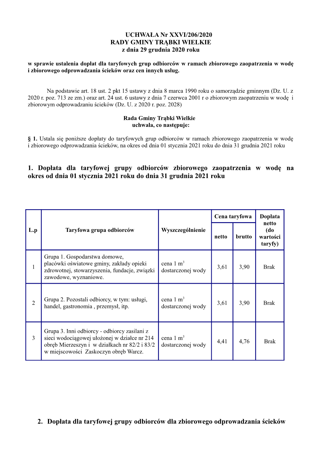 1. Dopłata Dla Taryfowej Grupy Odbiorców Zbiorowego Zaopatrzenia W Wodę Na Okres Od Dnia 01 Stycznia 2021 Roku Do Dnia 31 Grudnia 2021 Roku