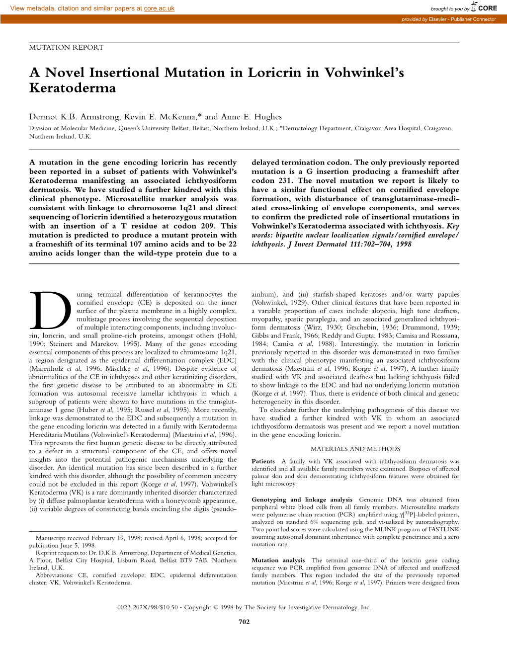 A Novel Insertional Mutation in Loricrin in Vohwinkel's Keratoderma
